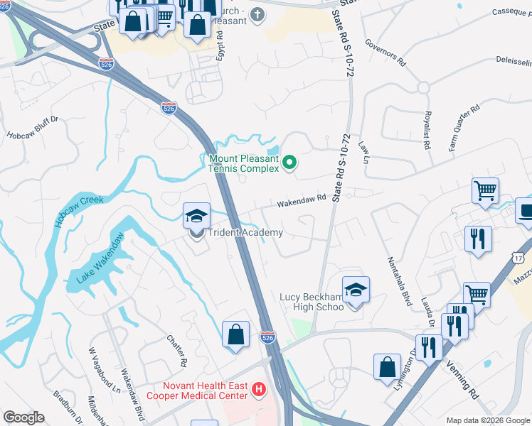map of restaurants, bars, coffee shops, grocery stores, and more near 1632 Longview Road in Mount Pleasant