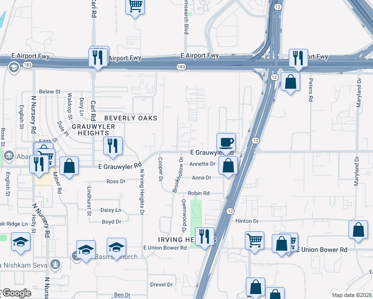 map of restaurants, bars, coffee shops, grocery stores, and more near 1819 East Grauwyler Road in Irving