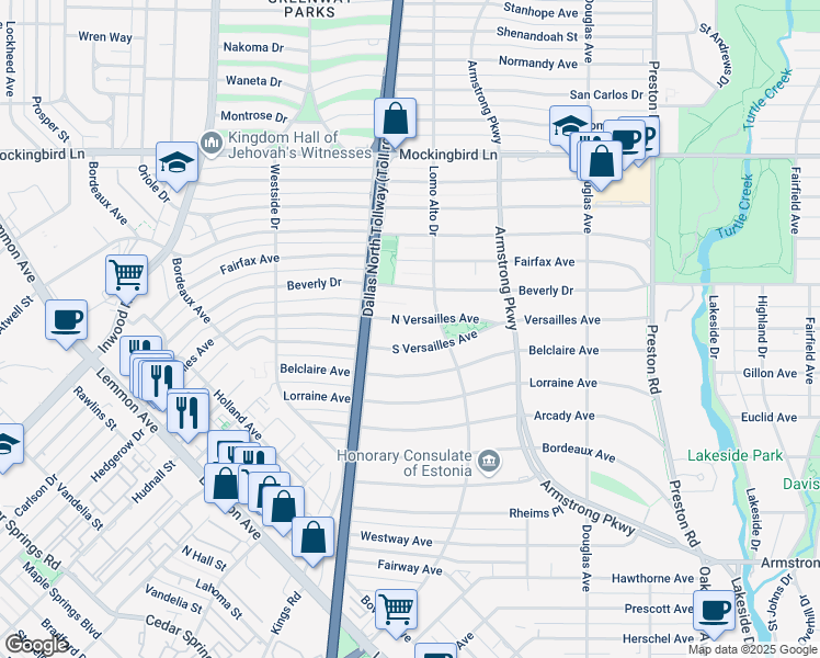 map of restaurants, bars, coffee shops, grocery stores, and more near 4517 North Versailles Avenue in Dallas
