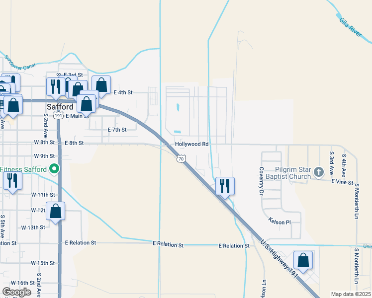 map of restaurants, bars, coffee shops, grocery stores, and more near 943 Hollywood Road in Safford