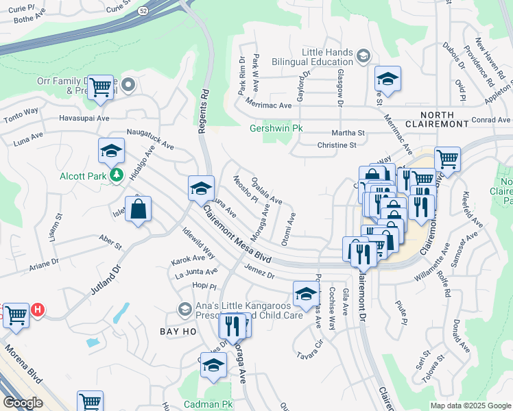 map of restaurants, bars, coffee shops, grocery stores, and more near 3335 Moccasin Avenue in San Diego