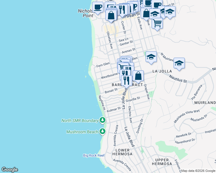 map of restaurants, bars, coffee shops, grocery stores, and more near 330 Bonair Street in San Diego