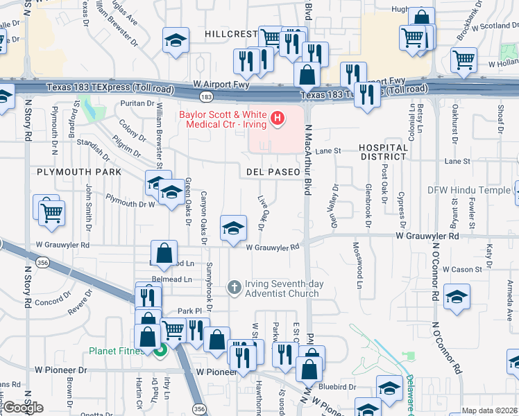 map of restaurants, bars, coffee shops, grocery stores, and more near 1606 Live Oak Drive in Irving