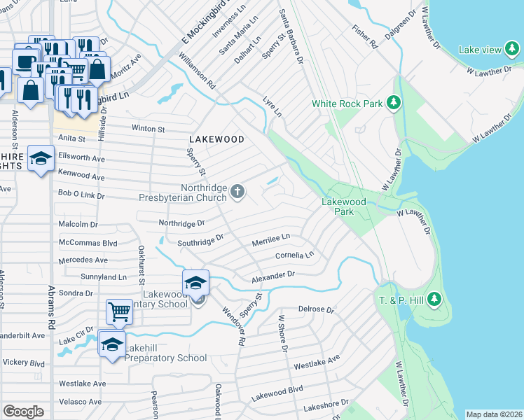 map of restaurants, bars, coffee shops, grocery stores, and more near 6961 Southridge Drive in Dallas