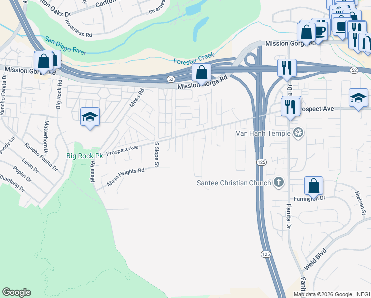 map of restaurants, bars, coffee shops, grocery stores, and more near 8543 Anlee Drive in Santee