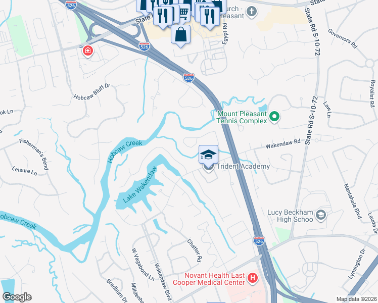 map of restaurants, bars, coffee shops, grocery stores, and more near 612 Oak Marsh Drive in Mount Pleasant