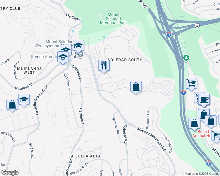 map of restaurants, bars, coffee shops, grocery stores, and more near 2414 Ridgegate Row in San Diego