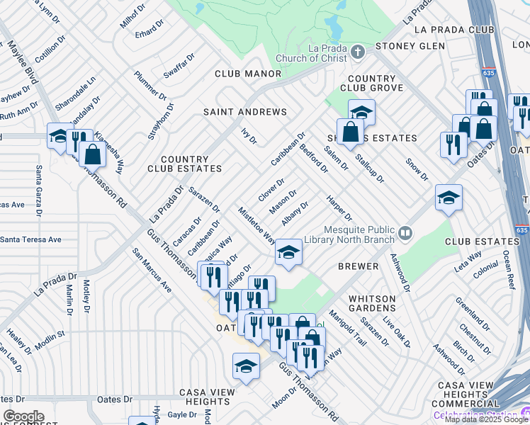map of restaurants, bars, coffee shops, grocery stores, and more near 3062 Mason Drive in Mesquite