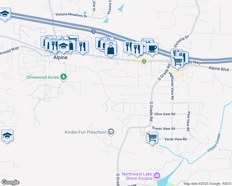 map of restaurants, bars, coffee shops, grocery stores, and more near 2410 Kenda Way in Alpine