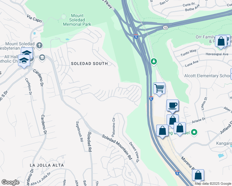 map of restaurants, bars, coffee shops, grocery stores, and more near 2537 Carriagedale Row in San Diego