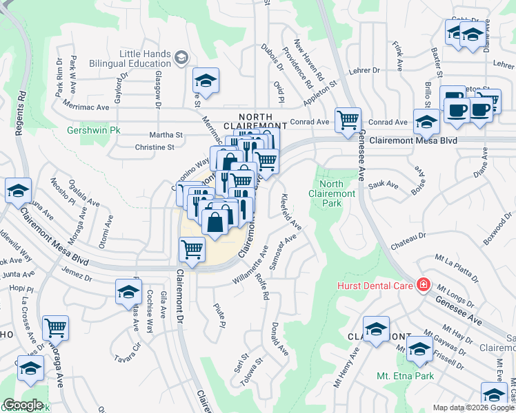 map of restaurants, bars, coffee shops, grocery stores, and more near 4161 Clairemont Mesa Boulevard in San Diego