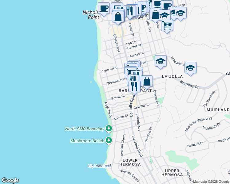 map of restaurants, bars, coffee shops, grocery stores, and more near 330 Bonair Street in San Diego