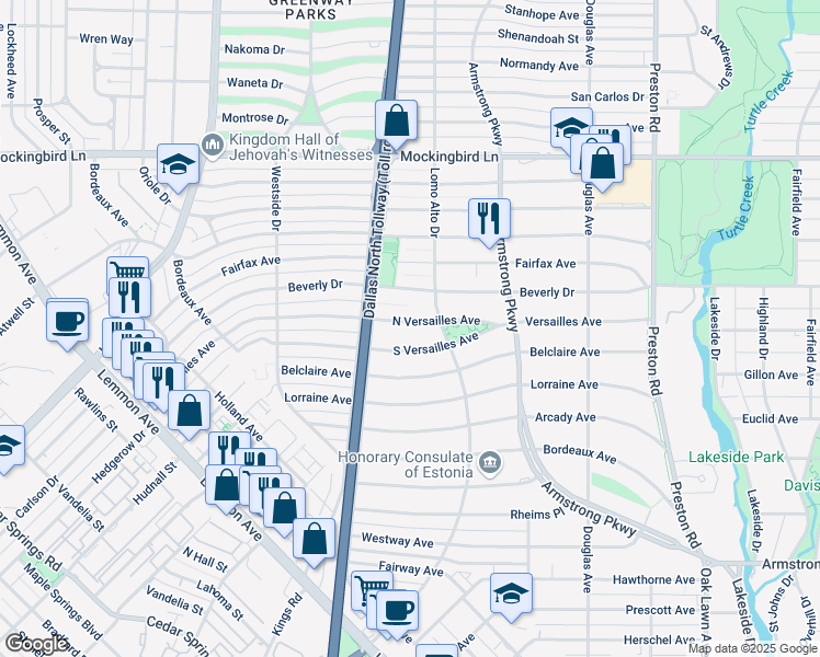 map of restaurants, bars, coffee shops, grocery stores, and more near 4517 North Versailles Avenue in Dallas