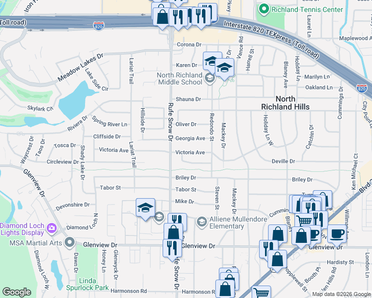 map of restaurants, bars, coffee shops, grocery stores, and more near 6720 Victoria Avenue in Fort Worth