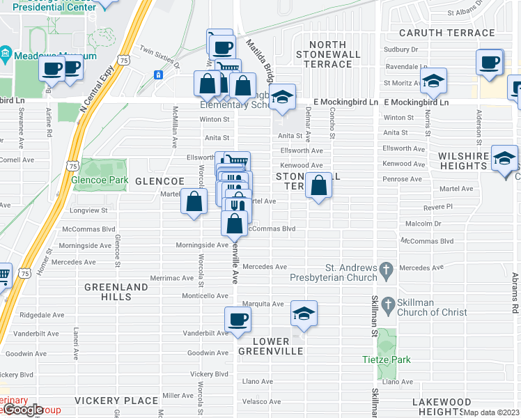 map of restaurants, bars, coffee shops, grocery stores, and more near 3566 Matilda Street in Dallas
