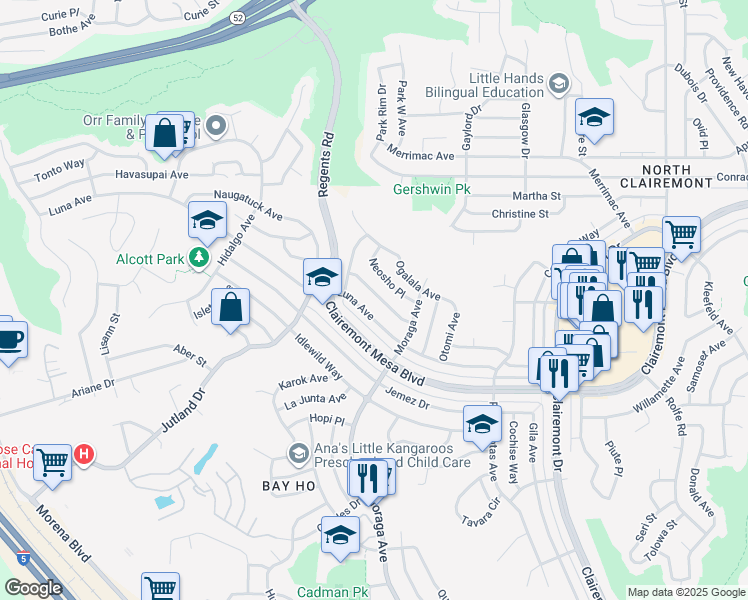map of restaurants, bars, coffee shops, grocery stores, and more near 3275 Moccasin Avenue in San Diego