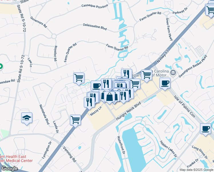 map of restaurants, bars, coffee shops, grocery stores, and more near 1829 Villa Maison in Mount Pleasant