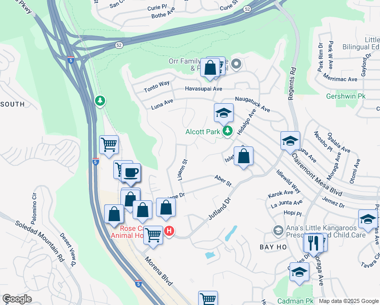 map of restaurants, bars, coffee shops, grocery stores, and more near 4670 Lisann Street in San Diego
