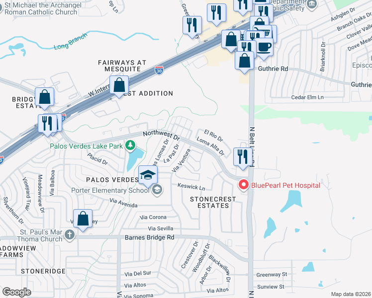 map of restaurants, bars, coffee shops, grocery stores, and more near 4845 Via Ventura in Mesquite