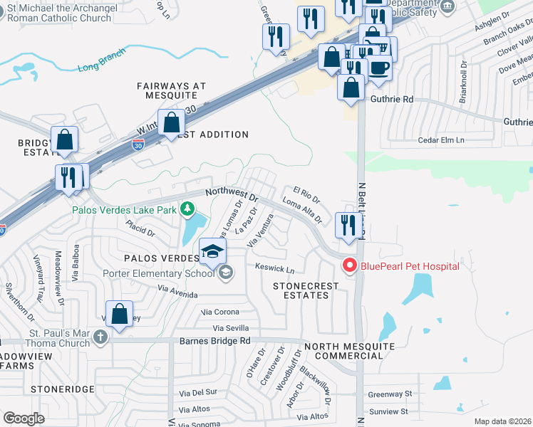 map of restaurants, bars, coffee shops, grocery stores, and more near 4845 Via Ventura in Mesquite