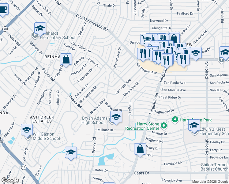 map of restaurants, bars, coffee shops, grocery stores, and more near 10132 San Juan Avenue in Dallas