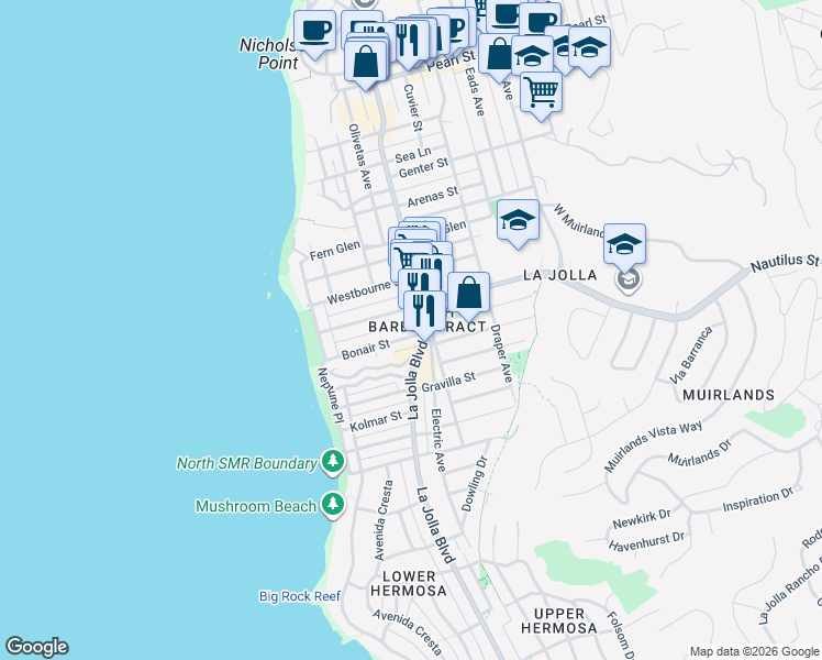 map of restaurants, bars, coffee shops, grocery stores, and more near in San Diego