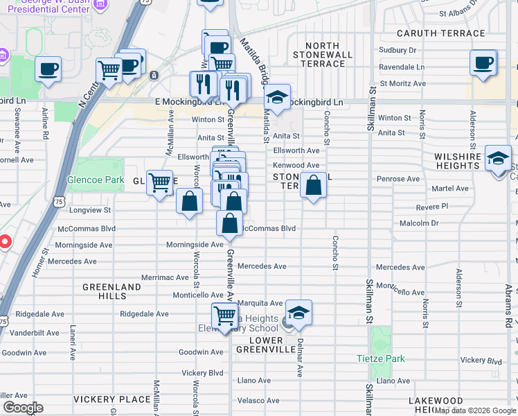 map of restaurants, bars, coffee shops, grocery stores, and more near 3566 Matilda Street in Dallas