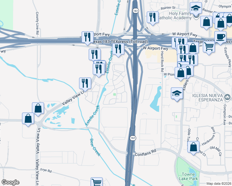 map of restaurants, bars, coffee shops, grocery stores, and more near 4604 West Pioneer Drive in Irving