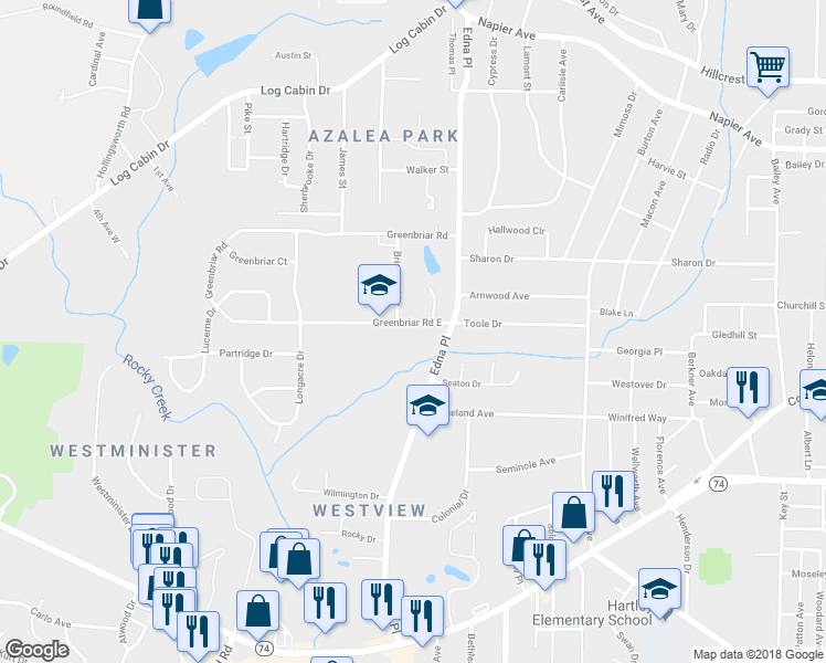 map of restaurants, bars, coffee shops, grocery stores, and more near 3458 Greenbriar Road East in Macon