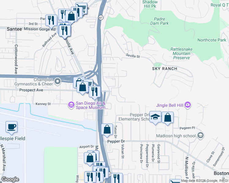 map of restaurants, bars, coffee shops, grocery stores, and more near 8549 Graves Avenue in Santee