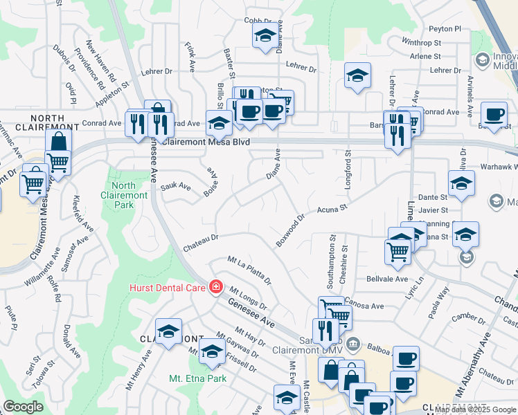 map of restaurants, bars, coffee shops, grocery stores, and more near 4664 Chateau Court in San Diego