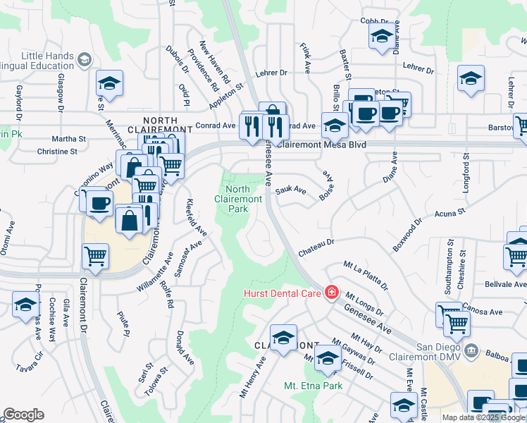 map of restaurants, bars, coffee shops, grocery stores, and more near 4681 Winnebago Avenue in San Diego