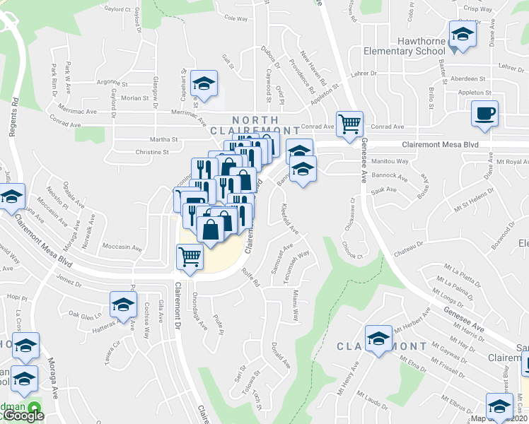 map of restaurants, bars, coffee shops, grocery stores, and more near 4132 Bannock Avenue in San Diego
