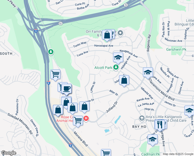 map of restaurants, bars, coffee shops, grocery stores, and more near 4670 Lisann Street in San Diego