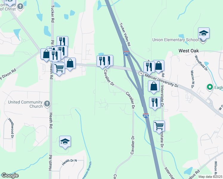 map of restaurants, bars, coffee shops, grocery stores, and more near 4193 Cavalier Drive in Macon