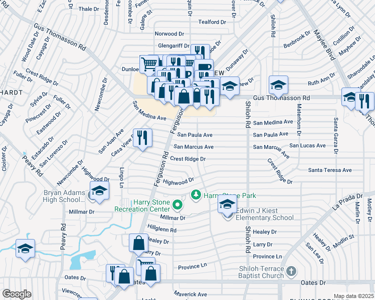 map of restaurants, bars, coffee shops, grocery stores, and more near 2441 Crest Ridge Drive in Dallas