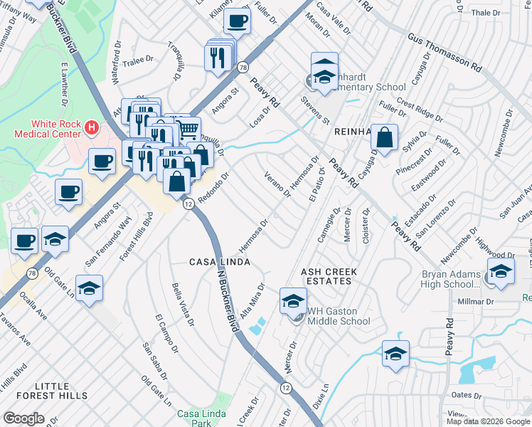map of restaurants, bars, coffee shops, grocery stores, and more near 1507 Tranquilla Drive in Dallas