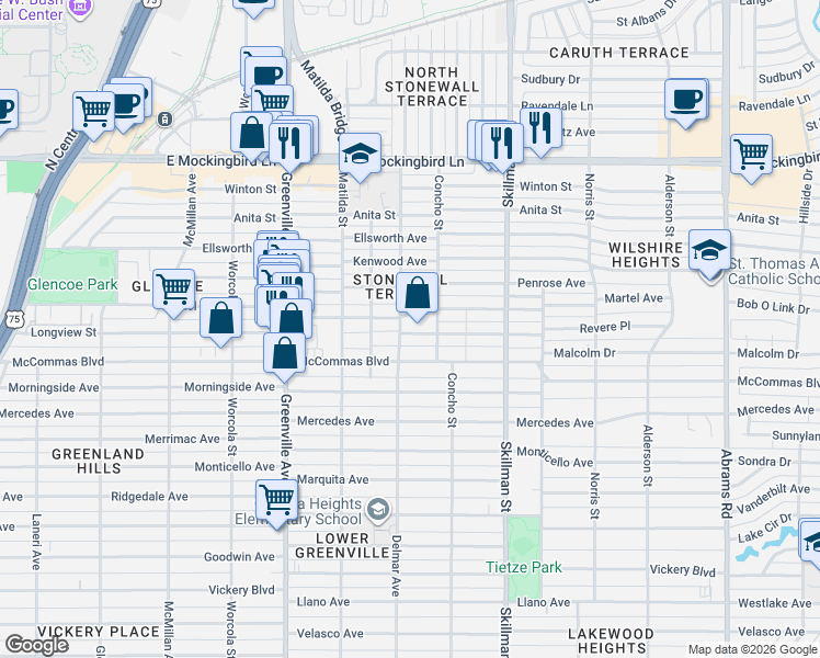 map of restaurants, bars, coffee shops, grocery stores, and more near 5910 Revere Place in Dallas