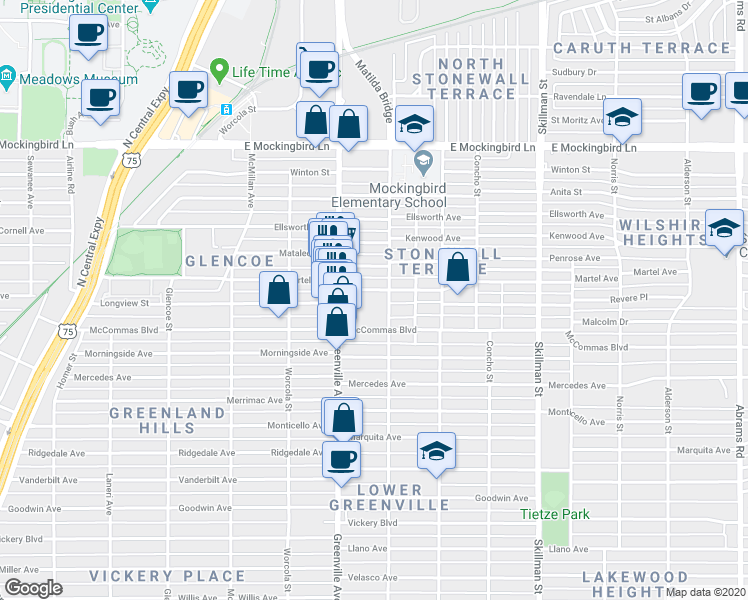 map of restaurants, bars, coffee shops, grocery stores, and more near 3566 Matilda Street in Dallas
