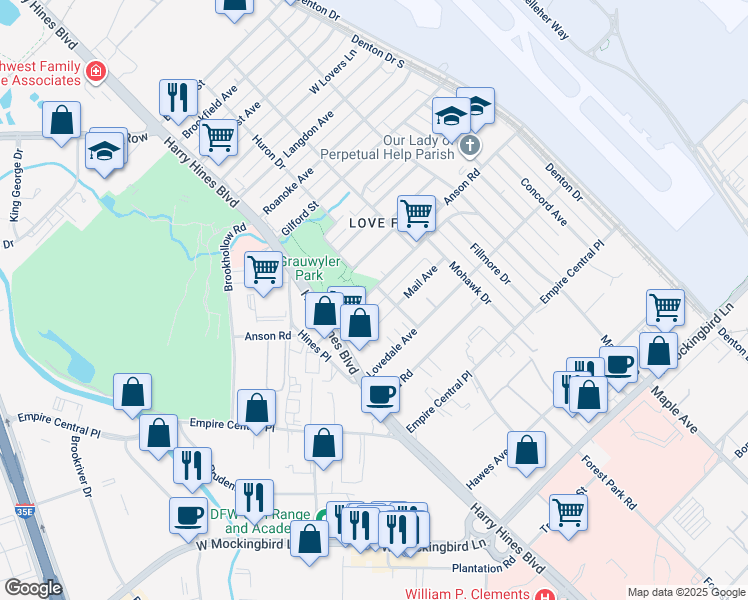 map of restaurants, bars, coffee shops, grocery stores, and more near 2142 Anson Road in Dallas