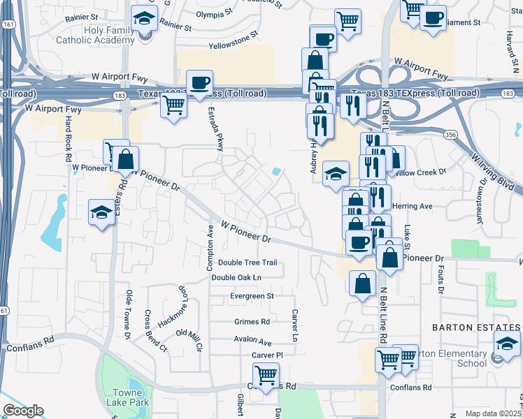 map of restaurants, bars, coffee shops, grocery stores, and more near 3745 West Pioneer Drive in Irving