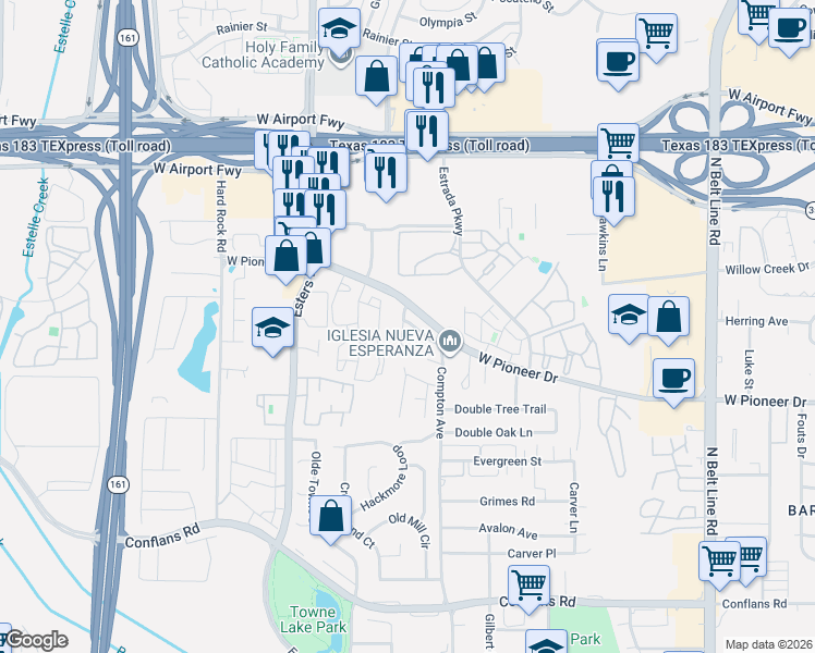 map of restaurants, bars, coffee shops, grocery stores, and more near 4112 High Crest Drive in Irving