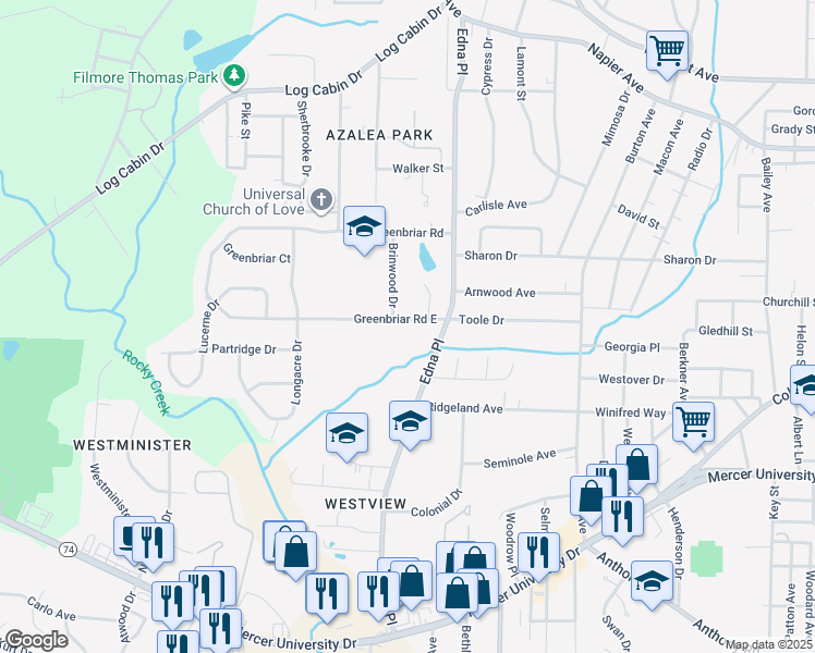 map of restaurants, bars, coffee shops, grocery stores, and more near 3458 Greenbriar Road East in Macon