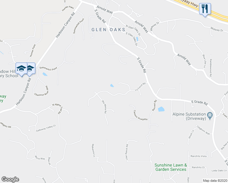 map of restaurants, bars, coffee shops, grocery stores, and more near 1740 La Force Road in Alpine