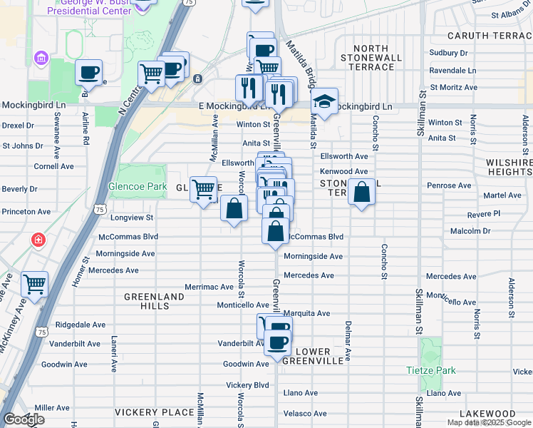 map of restaurants, bars, coffee shops, grocery stores, and more near 5631 Longview Street in Dallas