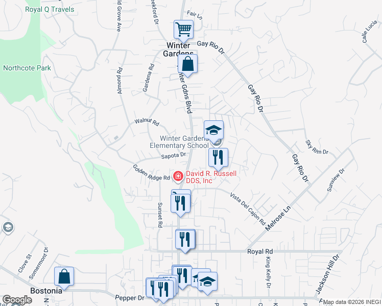 map of restaurants, bars, coffee shops, grocery stores, and more near Winter Gardens Blvd & Sapota Dr in Lakeside