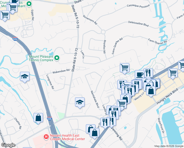 map of restaurants, bars, coffee shops, grocery stores, and more near 1601 Cullowhee Circle in Mount Pleasant