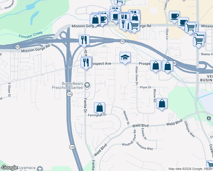 map of restaurants, bars, coffee shops, grocery stores, and more near 8581 Paseo Del Sol in Santee