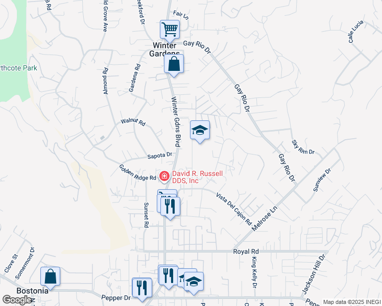 map of restaurants, bars, coffee shops, grocery stores, and more near 8490 Pueblo Road in Lakeside