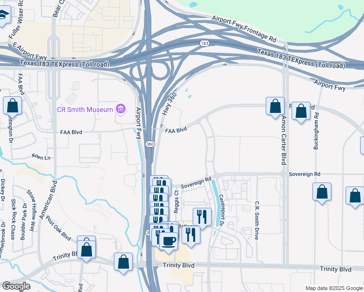 map of restaurants, bars, coffee shops, grocery stores, and more near 14200 FAA Boulevard in Fort Worth